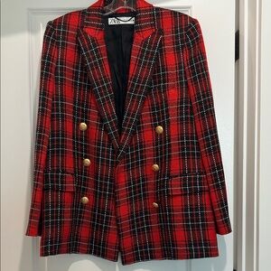 Zara Tartan Red and Black  Blazer with Gold Accents